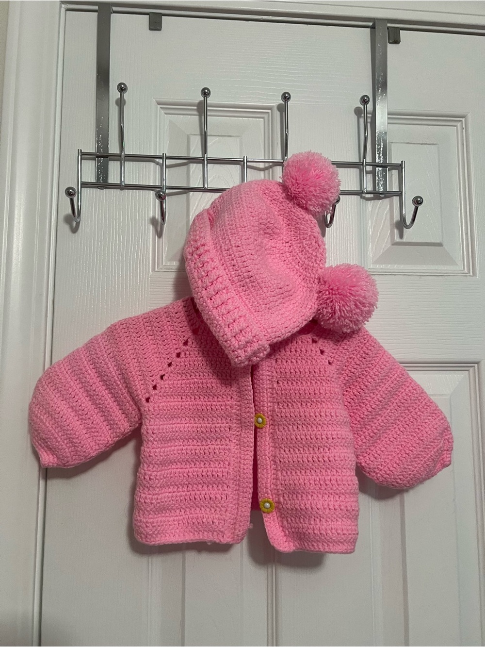 Handmade Pink Crocheted Baby Sweater & Pom Pom Hat 12-18months